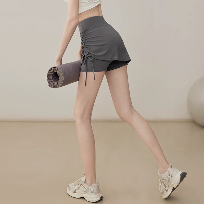 Badminton Wallpaper - กีฬา culottes ผู้หญิงเอวสูงปลอม 2 ชิ้นวิ่งโยคะกระโปรงเทนนิสแห้งเร็วยืดแบดมินตันกางเกงยิม